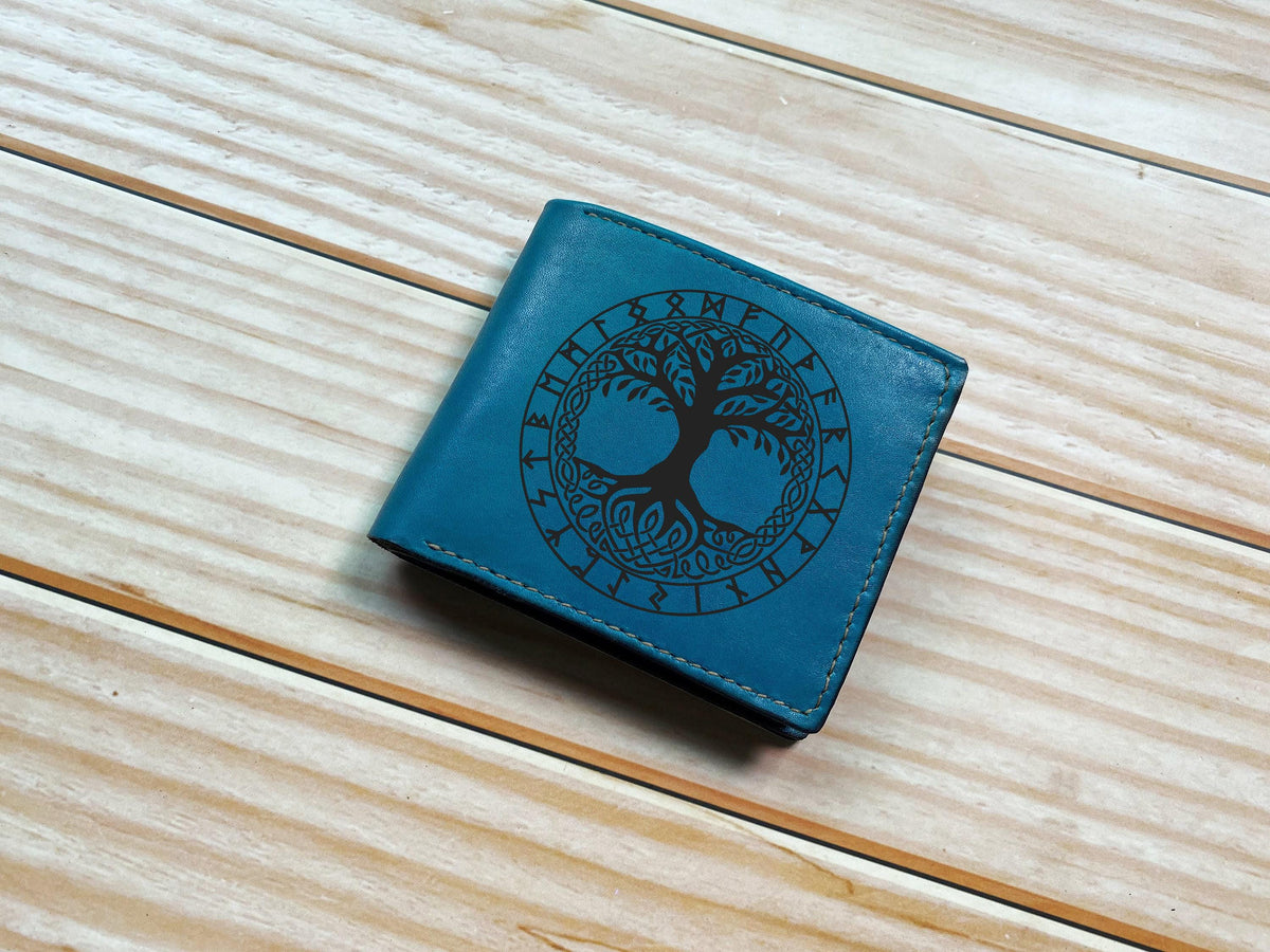 Custom Leather Wallet: Celtic Norse Runes Compass, Handmade