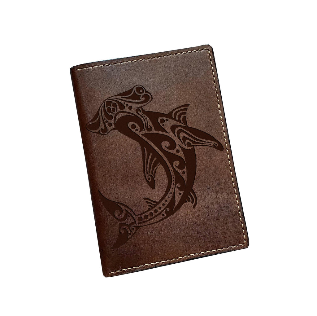 Hammerhead Shark Leather Wallet, Polynesian Tattoo, Handmade