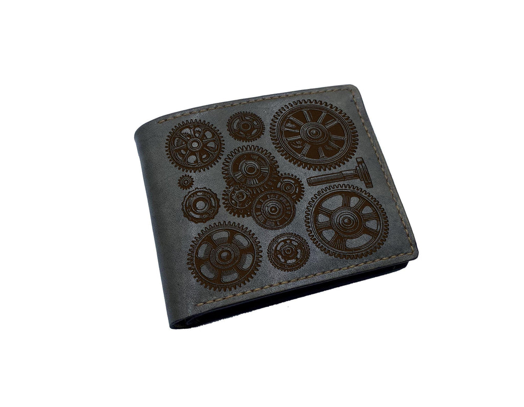 Handmade Steampunk Leather Wallet: Engraved Gear Bifold