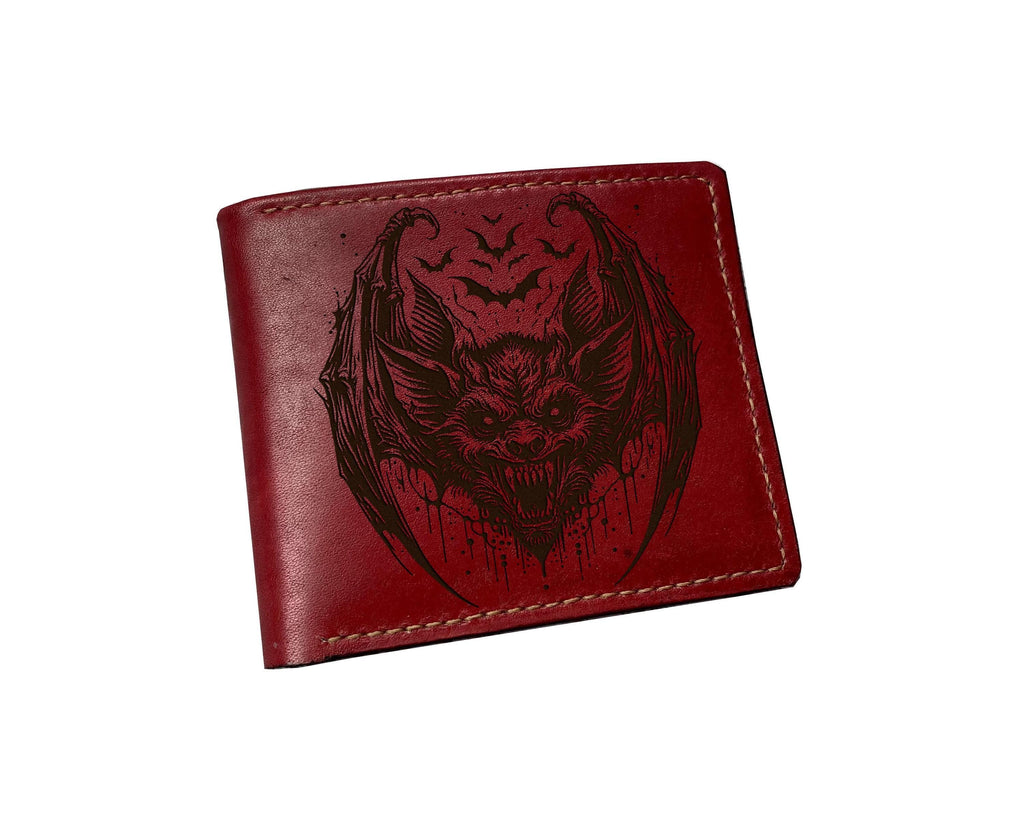 Horror Bat Leather Wallet: Handmade Bifold, Custom Engraved