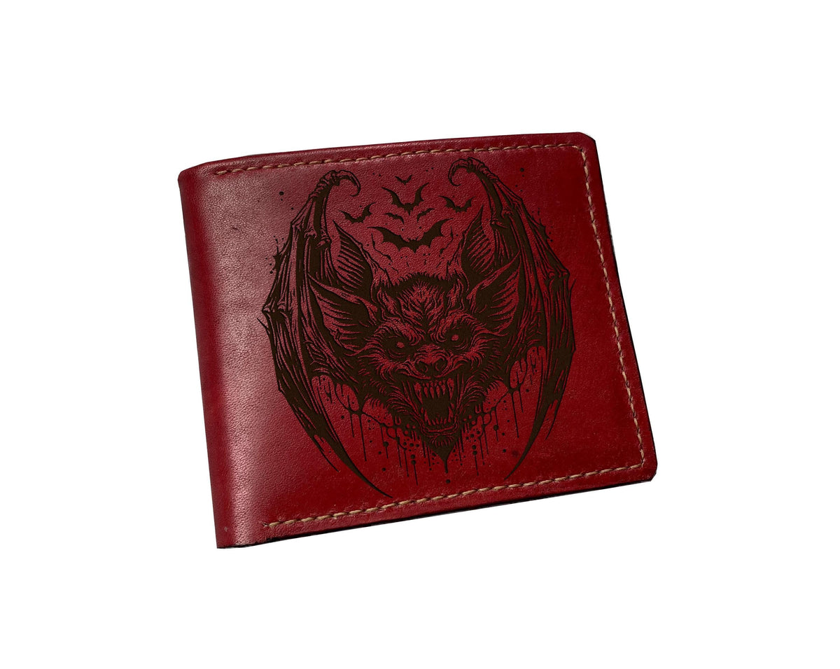 Horror Bat Leather Wallet: Handmade Bifold, Custom Engraved