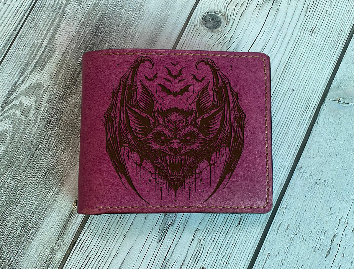 Horror Bat Leather Wallet: Handmade Bifold, Custom Engraved