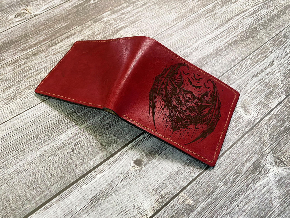 Horror Bat Leather Wallet: Handmade Bifold, Custom Engraved