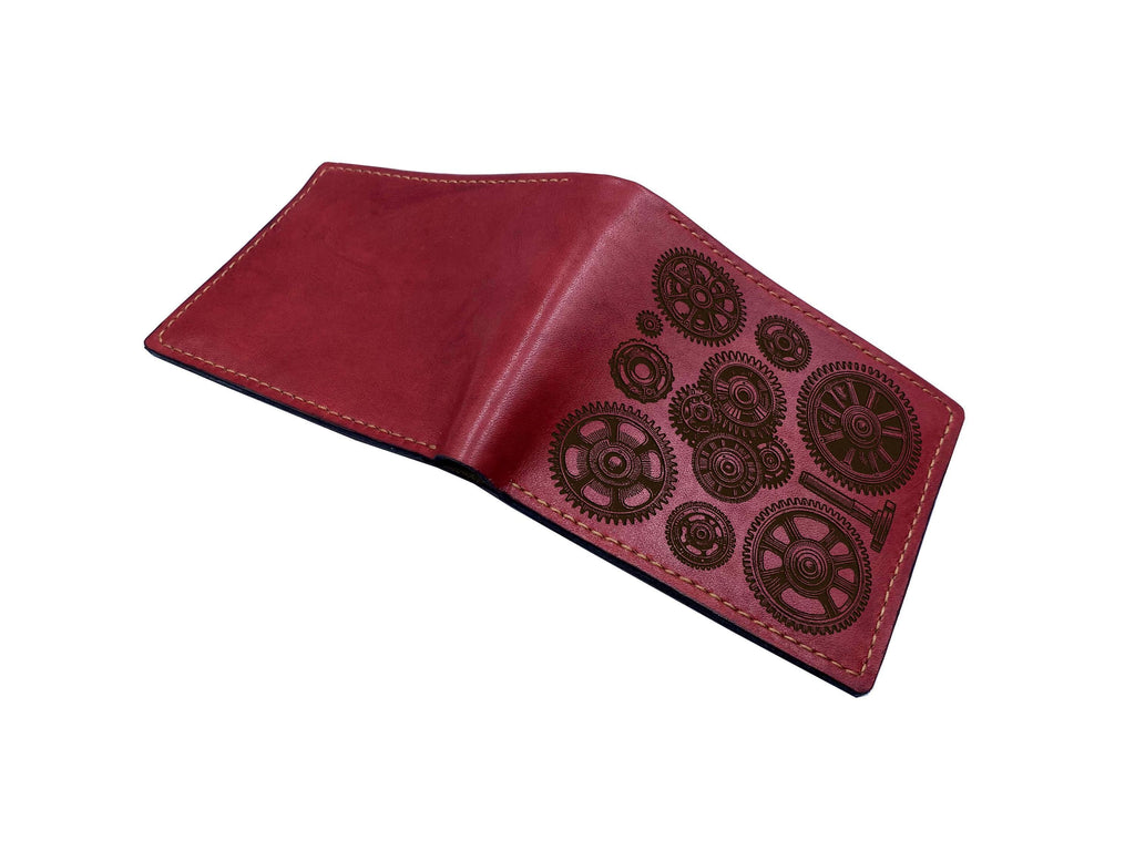 Handmade Steampunk Leather Wallet: Engraved Gear Bifold
