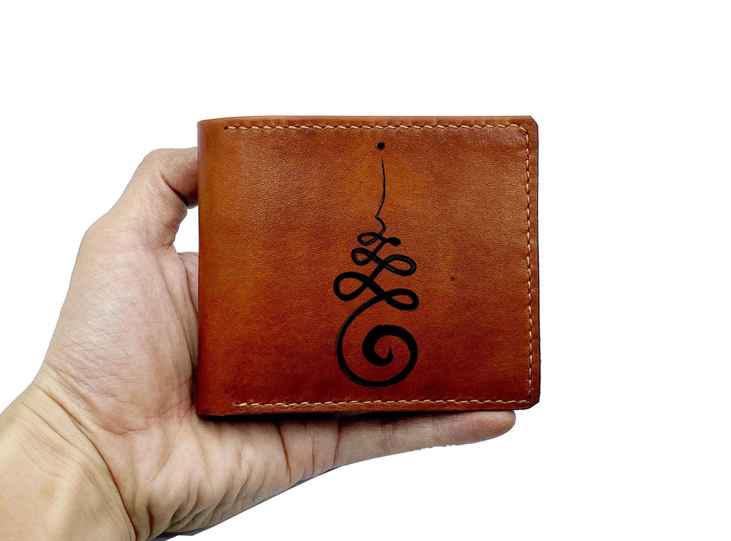 Engraved Leather Wallet, Buddhist Unalome Symbol, Personalized Gift