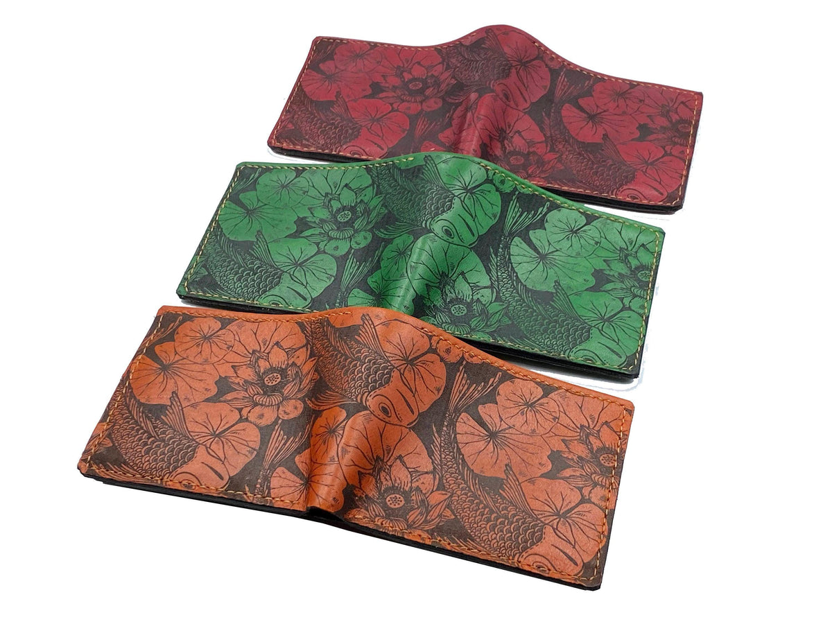 Handmade Leather Wallet, Koi Fish Pattern, Japanese Style Gift