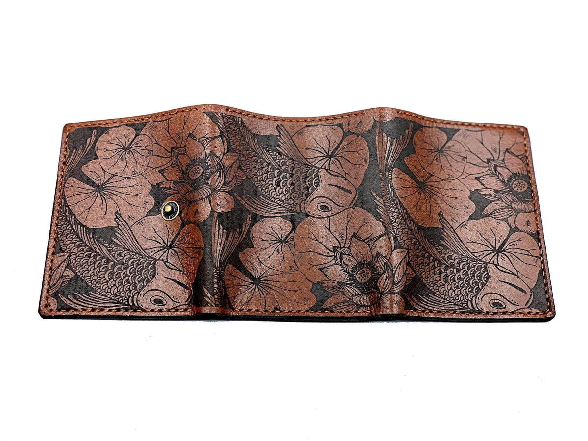 Handmade Leather Wallet, Koi Fish Pattern, Japanese Style Gift