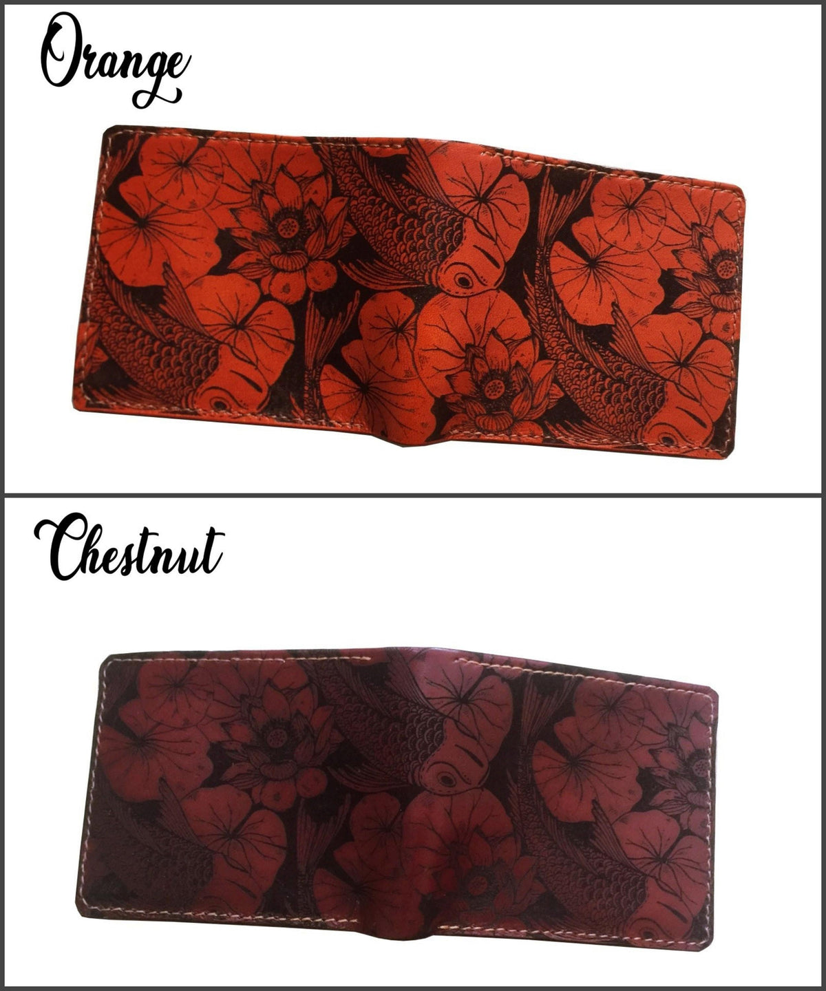 Handmade Leather Wallet, Koi Fish Pattern, Japanese Style Gift