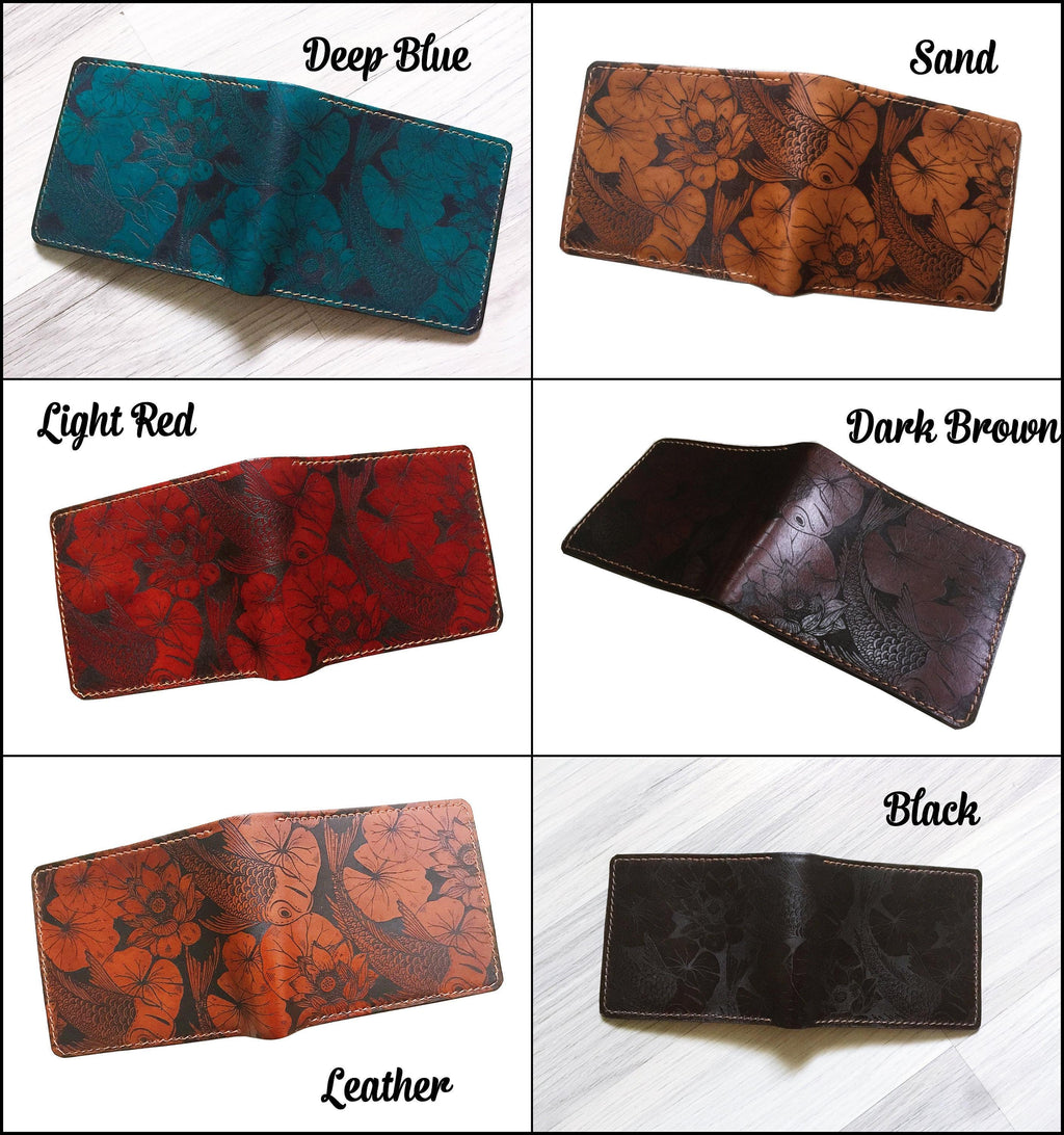 Handmade Leather Wallet, Koi Fish Pattern, Japanese Style Gift
