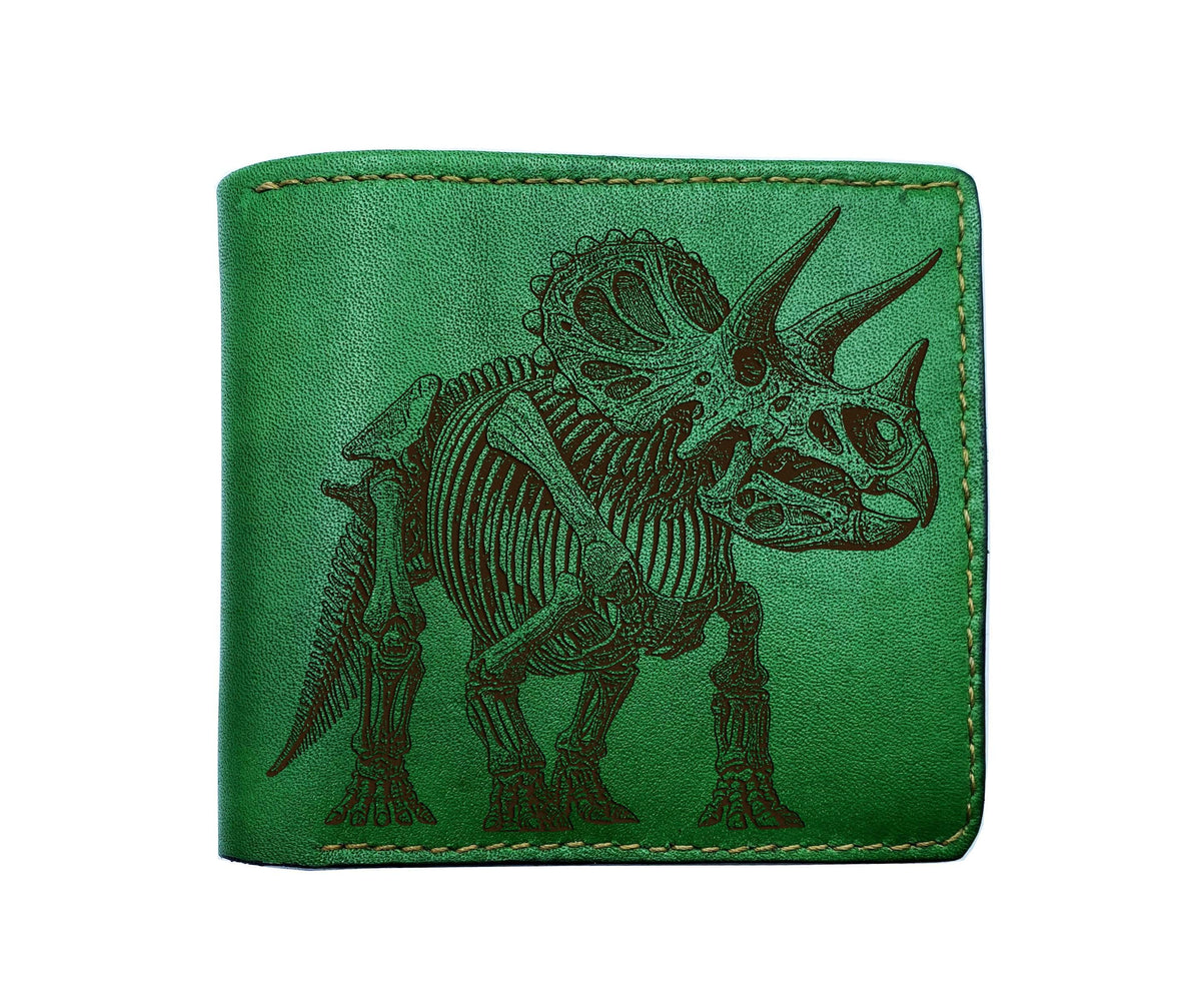 Engraved Leather Wallet: Triceratops Fossil, Custom Anniversary Gift