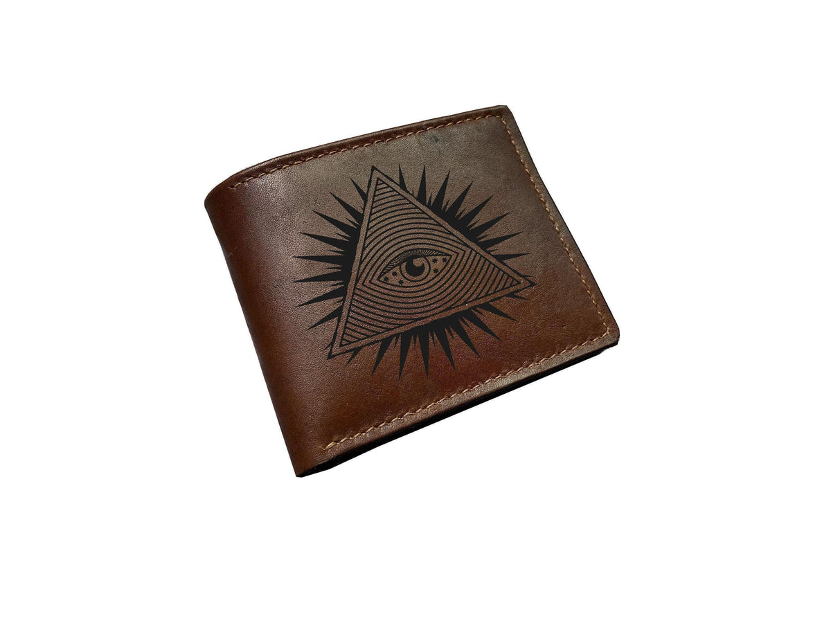 Custom Engraved Leather Wallet: Eye of Truth Symbol, RFID Blocking