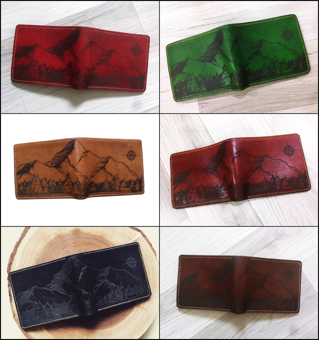 Handmade Leather Bifold Wallet, Mountain Landscape Engraved, Minimalist Style