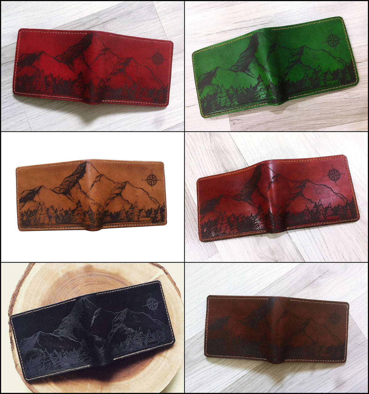Handmade Leather Bifold Wallet, Mountain Landscape Engraved, Minimalist Style