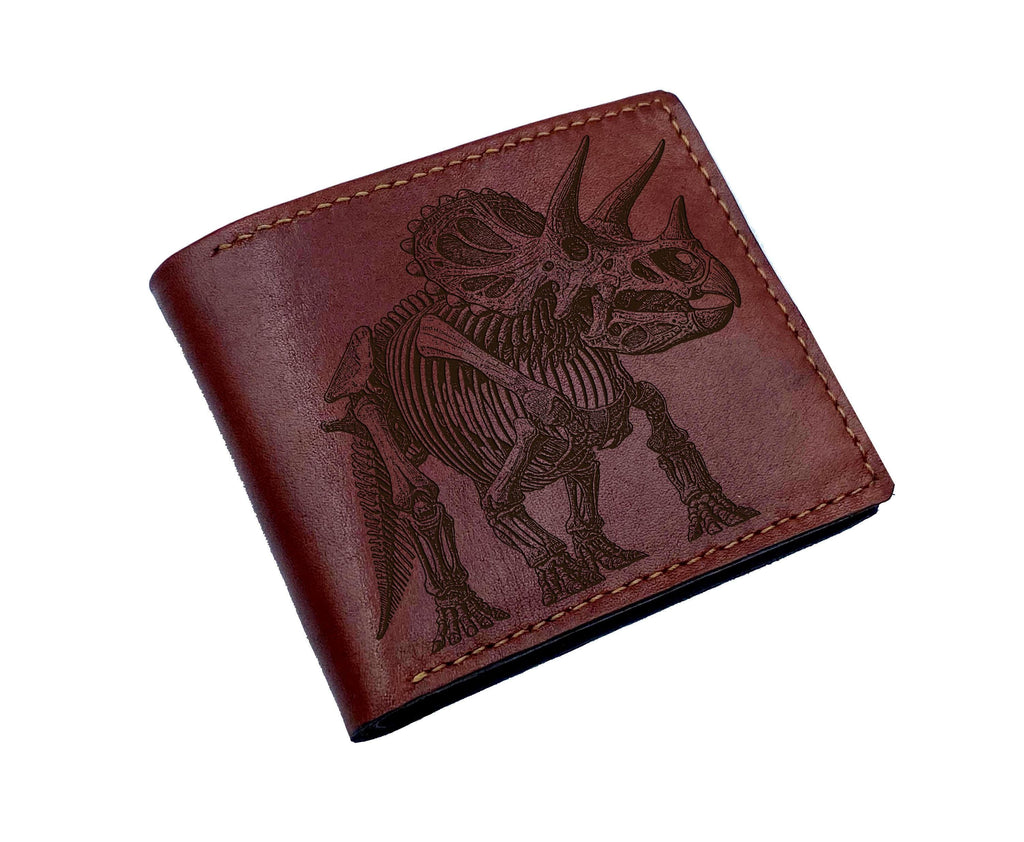 Engraved Leather Wallet: Triceratops Fossil, Custom Anniversary Gift