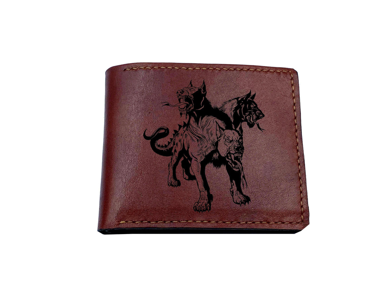 Custom Leather Men's Wallet: Engraved Cerberus, Greek Myth Gift