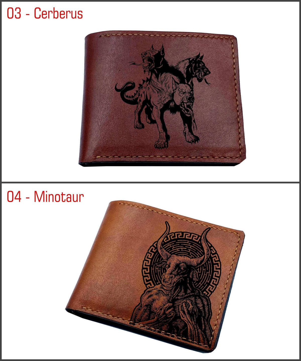 Custom Leather Men's Wallet: Engraved Cerberus, Greek Myth Gift