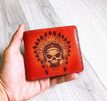 Personalized Leather Wallet: Indian Chief Skull, Handmade Veg-Tan