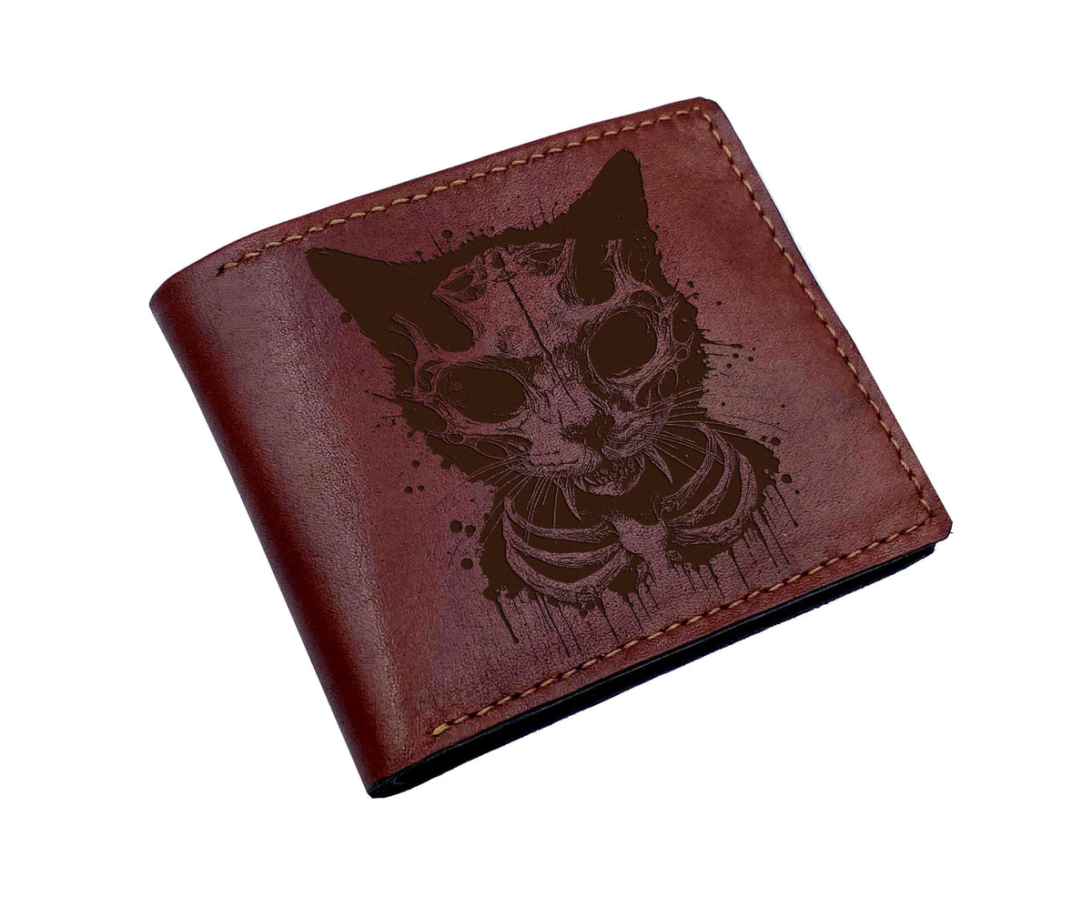 Customized cat skeleton leather wallet, pet engrave leather gift for dad, husband, boyfriend
