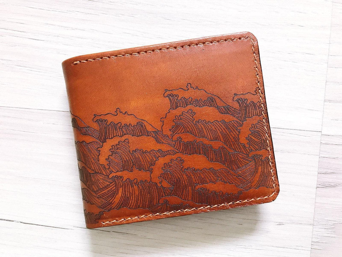 Personalized Wave Leather Bifold Wallet, Handmade Anniversary Gift
