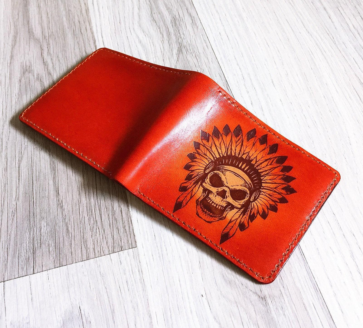 Personalized Leather Wallet: Indian Chief Skull, Handmade Veg-Tan
