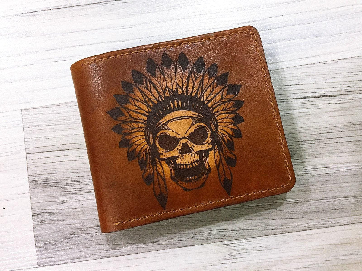 Personalized Leather Wallet: Indian Chief Skull, Handmade Veg-Tan