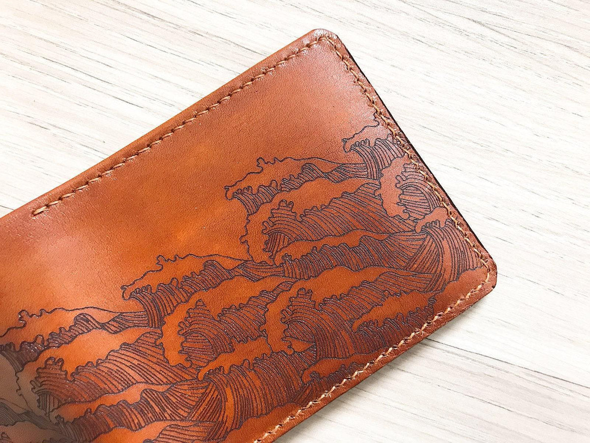 Personalized Wave Leather Bifold Wallet, Handmade Anniversary Gift