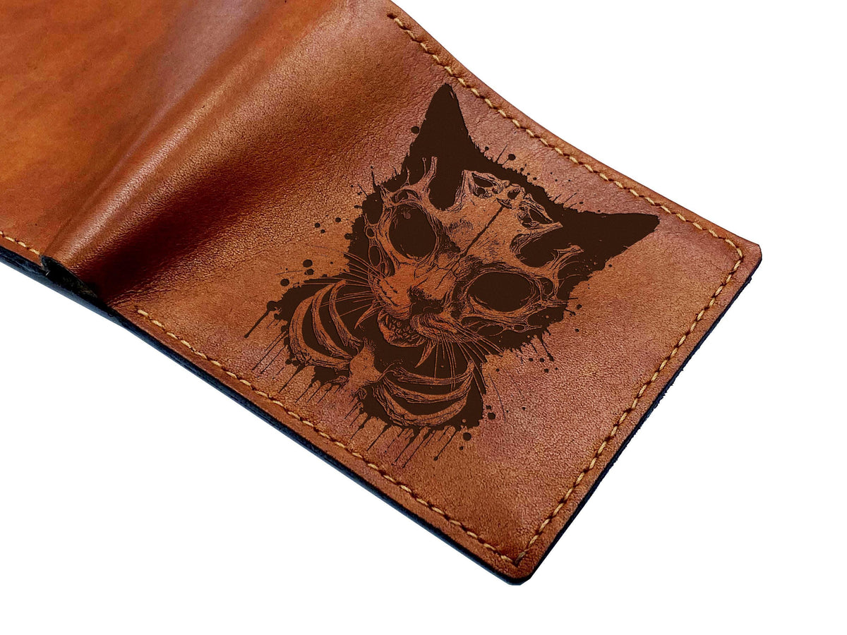 Customized cat skeleton leather wallet, pet engrave leather gift for dad, husband, boyfriend