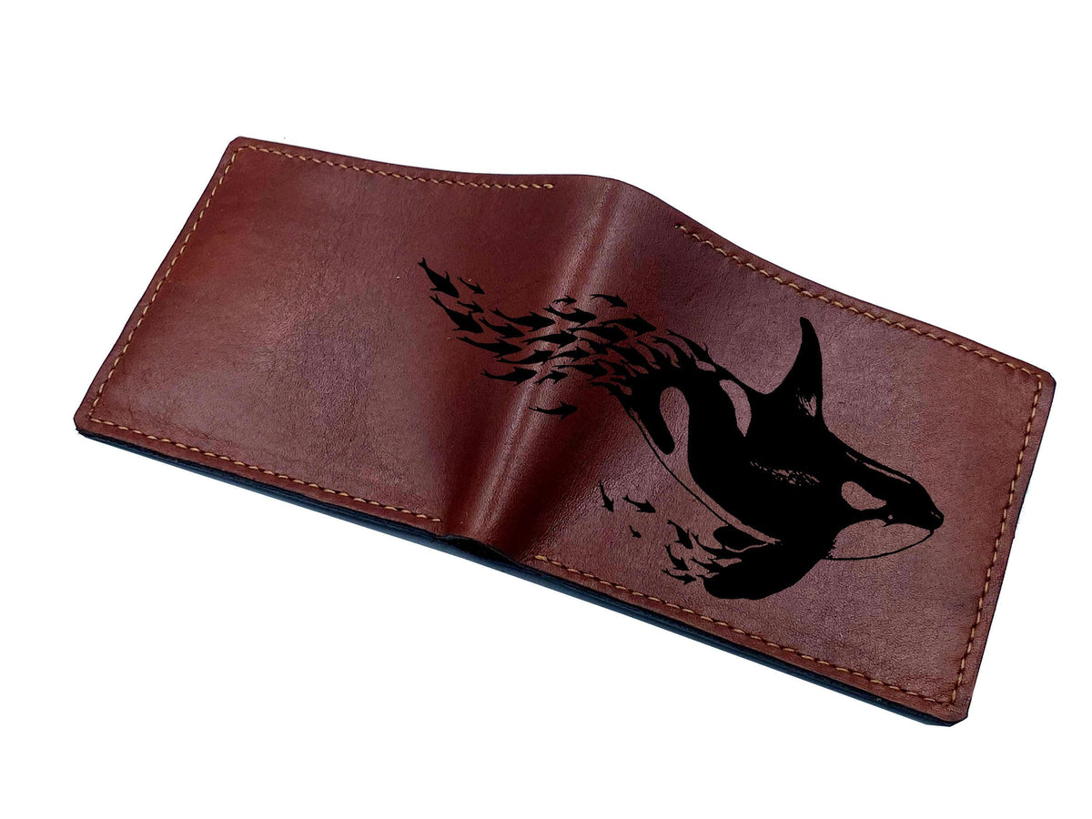 Handmade Leather Wallet, Killer Whale Art, Personalized Gift