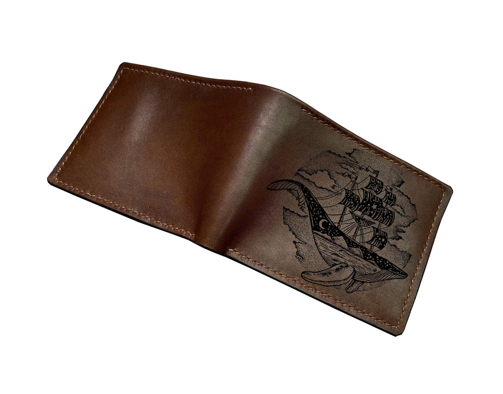 Personalized Leather Bifold Wallet: Whale & Ship Sketch Art