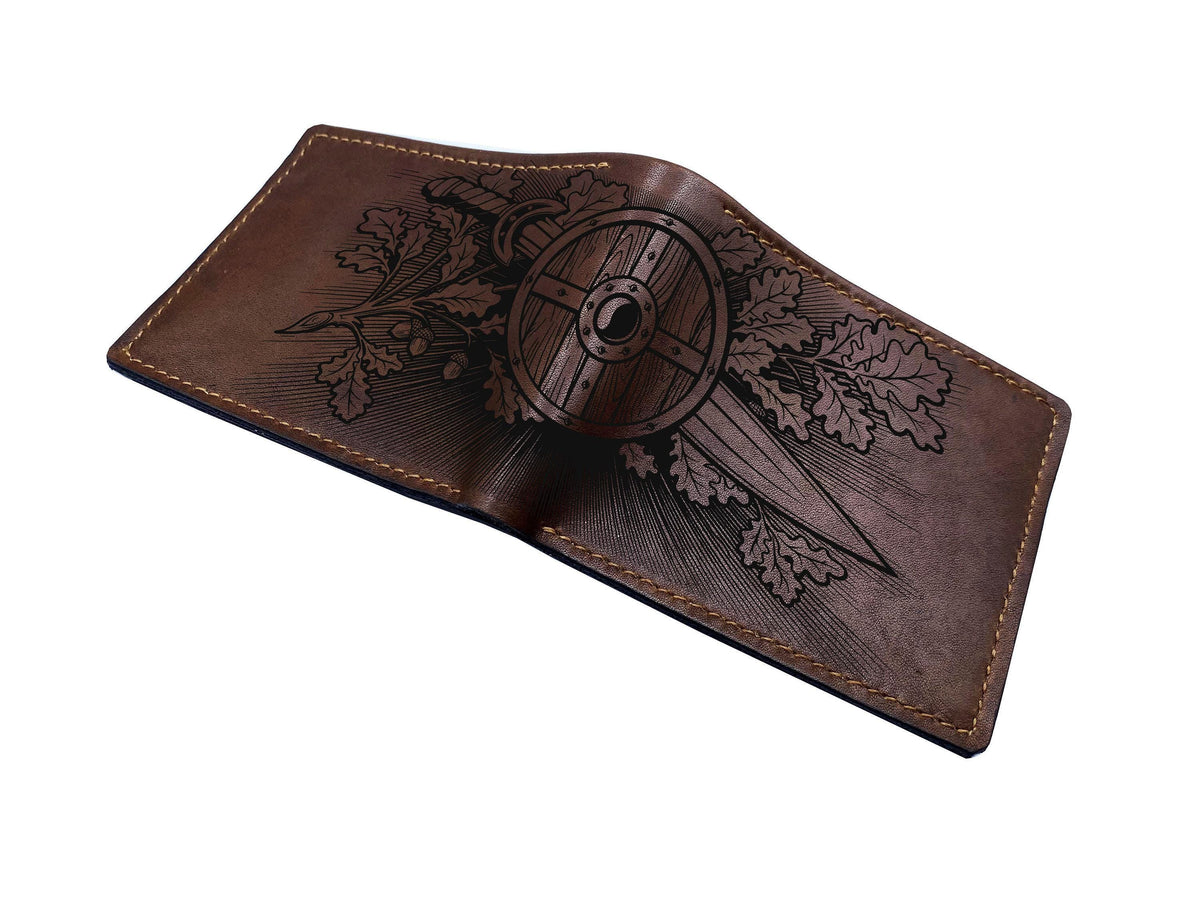 Personalized Leather Wallet, Celtic Sword Blade Engraving, Viking Gift for Men