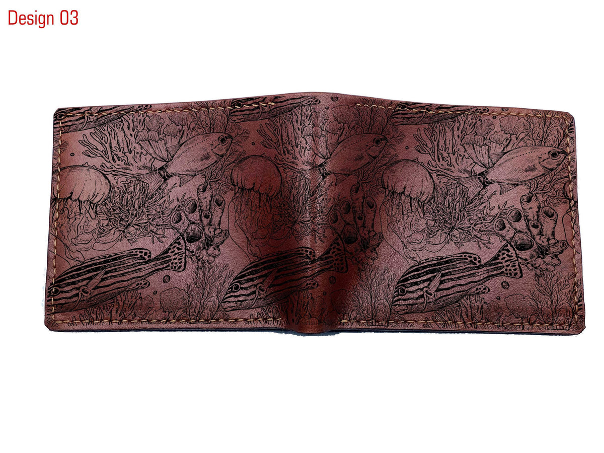 Handmade Leather Bifold Wallet, Fish Pattern, Gift for Him