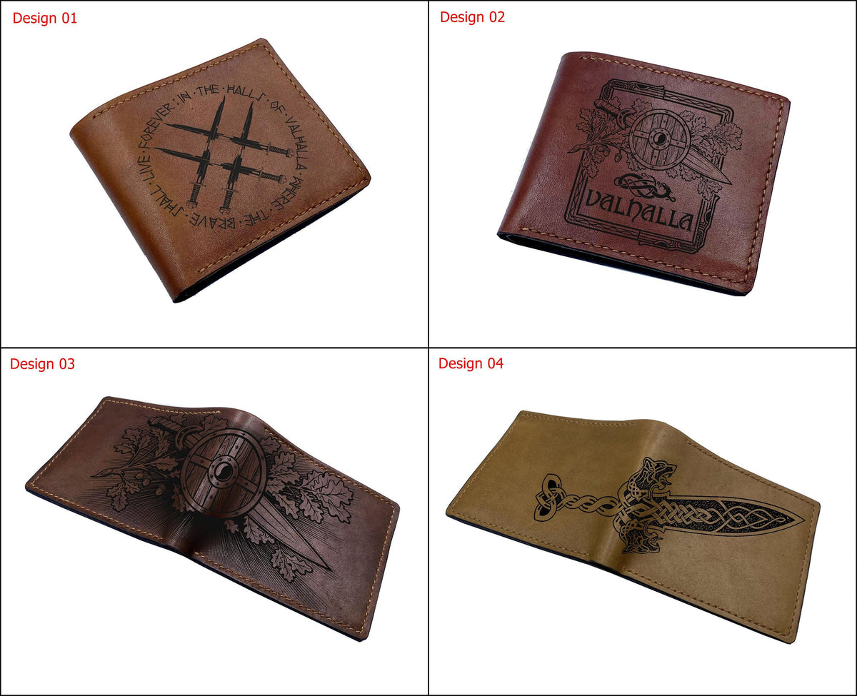 Personalized Leather Wallet, Celtic Sword Blade Engraving, Viking Gift for Men