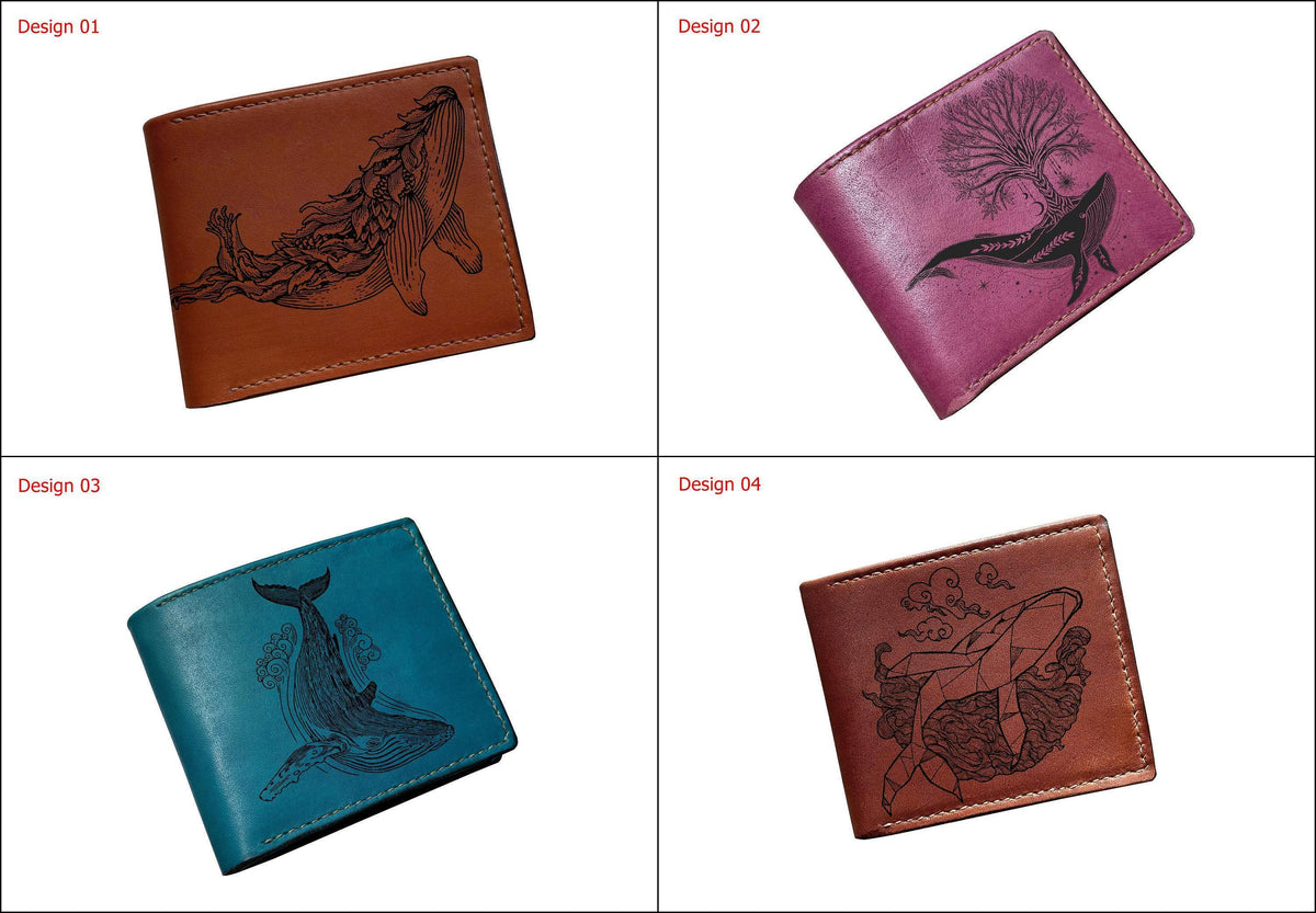 Personalized Leather Bifold Wallet: Whale & Ship Sketch Art