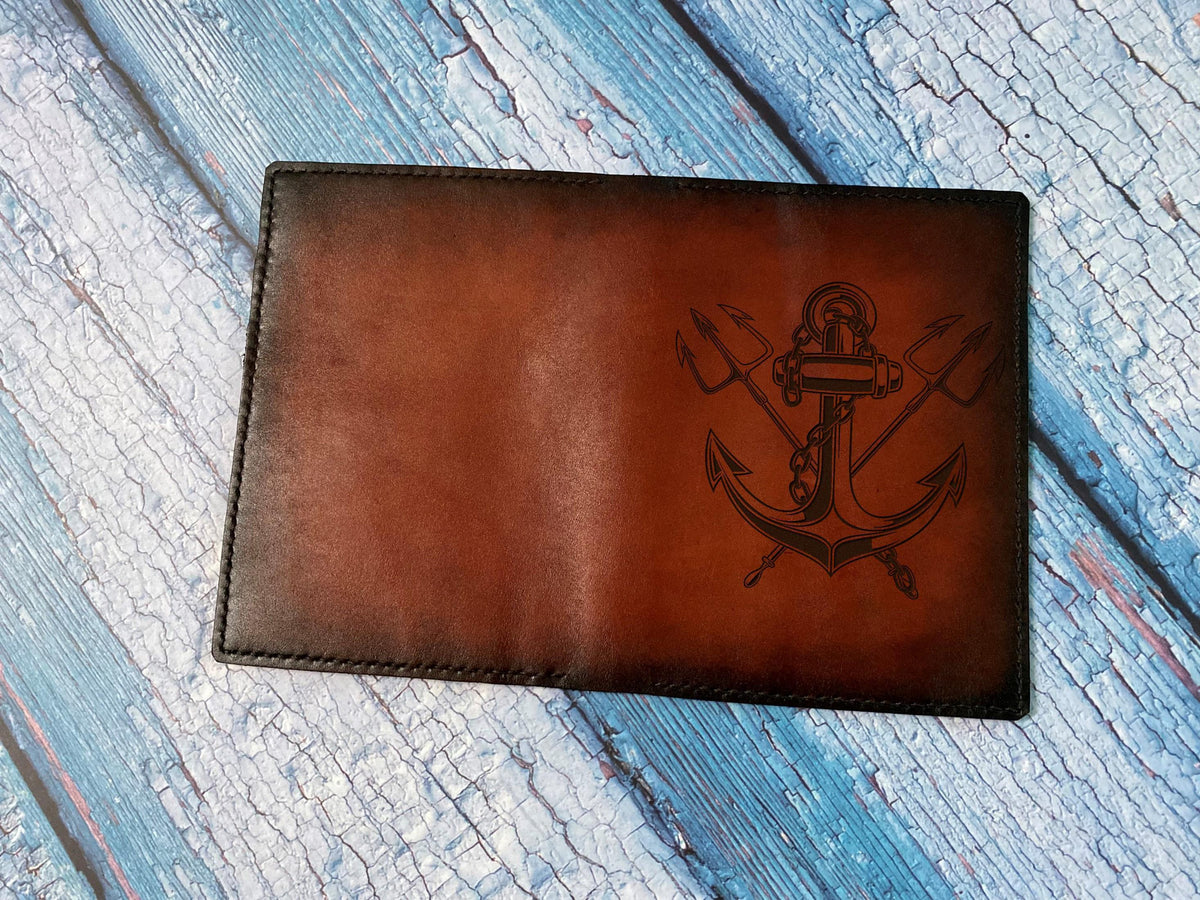 Handmade Leather Anchor Passport Wallet: Custom Engraved Travel Case