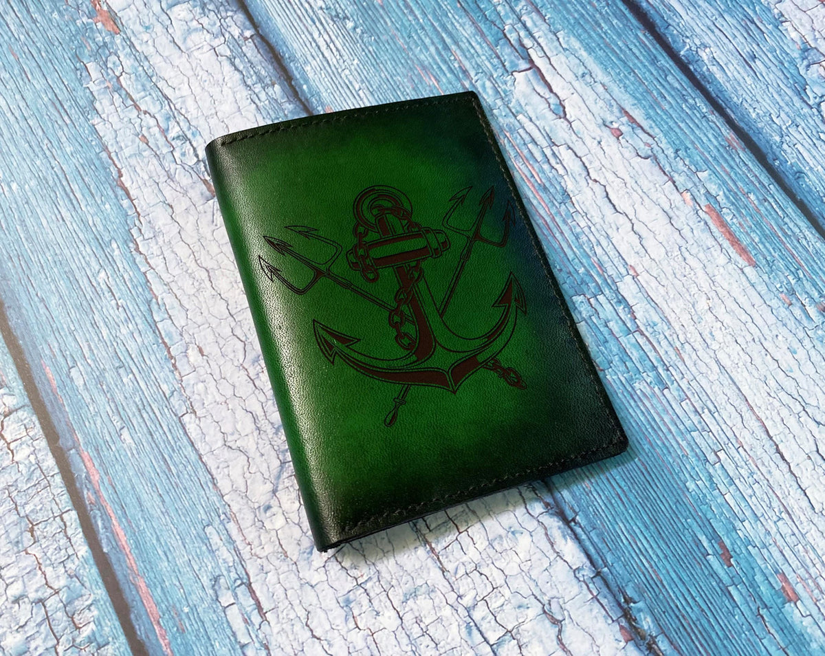 Handmade Leather Anchor Passport Wallet: Custom Engraved Travel Case