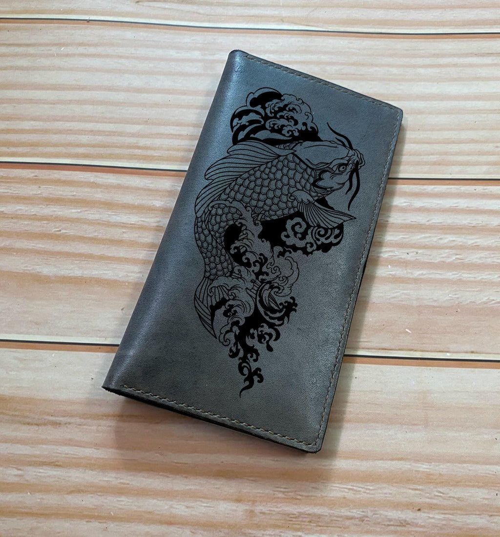 Personalized Leather Wallet: Handmade Koi Fish Engraved Bi-Fold