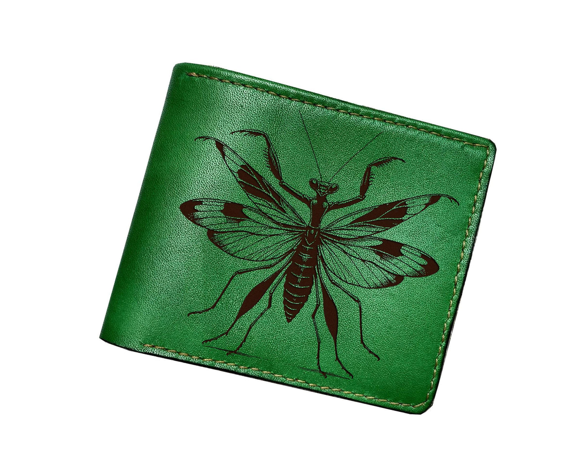 Mantis engrave genuine leather wallet, insect lover gift ideas, customized wallet for him