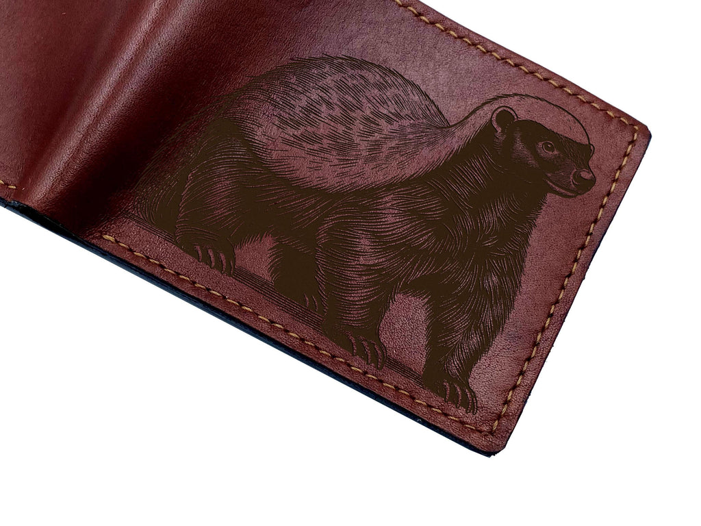 Engraved Honey Badger Leather Wallet - Custom Animal Anniversary Gift