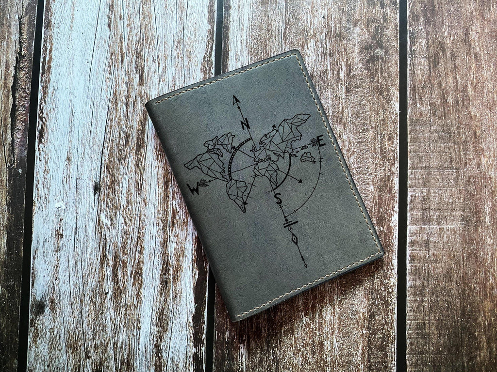 Custom Leather Passport Wallet, Compass Nature Art, Travel Gift for Him
