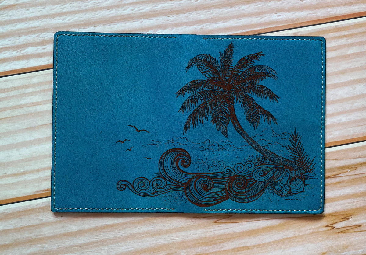 Engraved Leather Passport Wallet: Tropical Beach Theme, Custom Travel Gift
