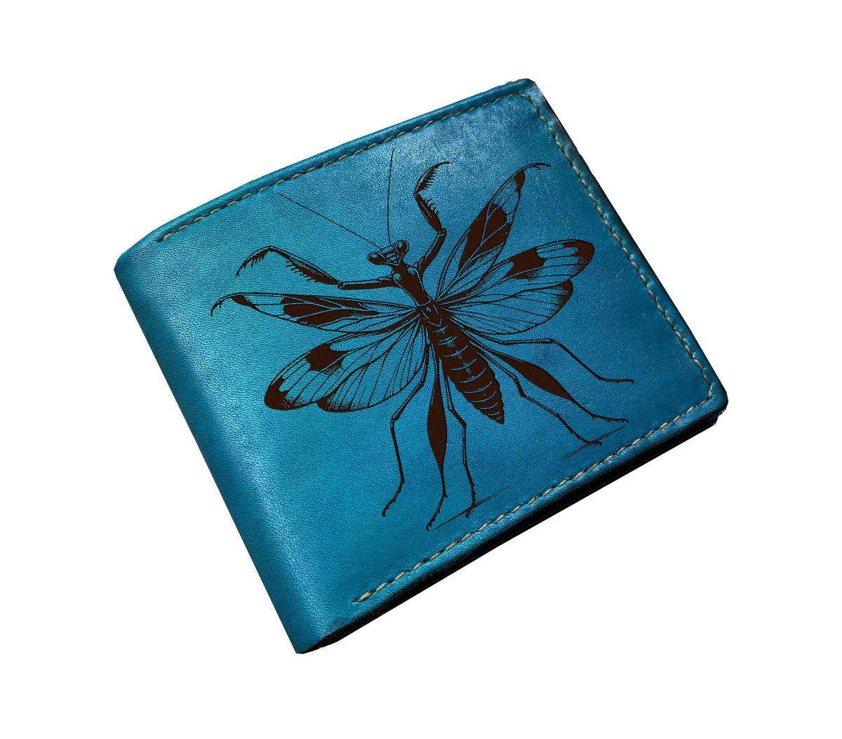 Mantis engrave genuine leather wallet, insect lover gift ideas, customized wallet for him