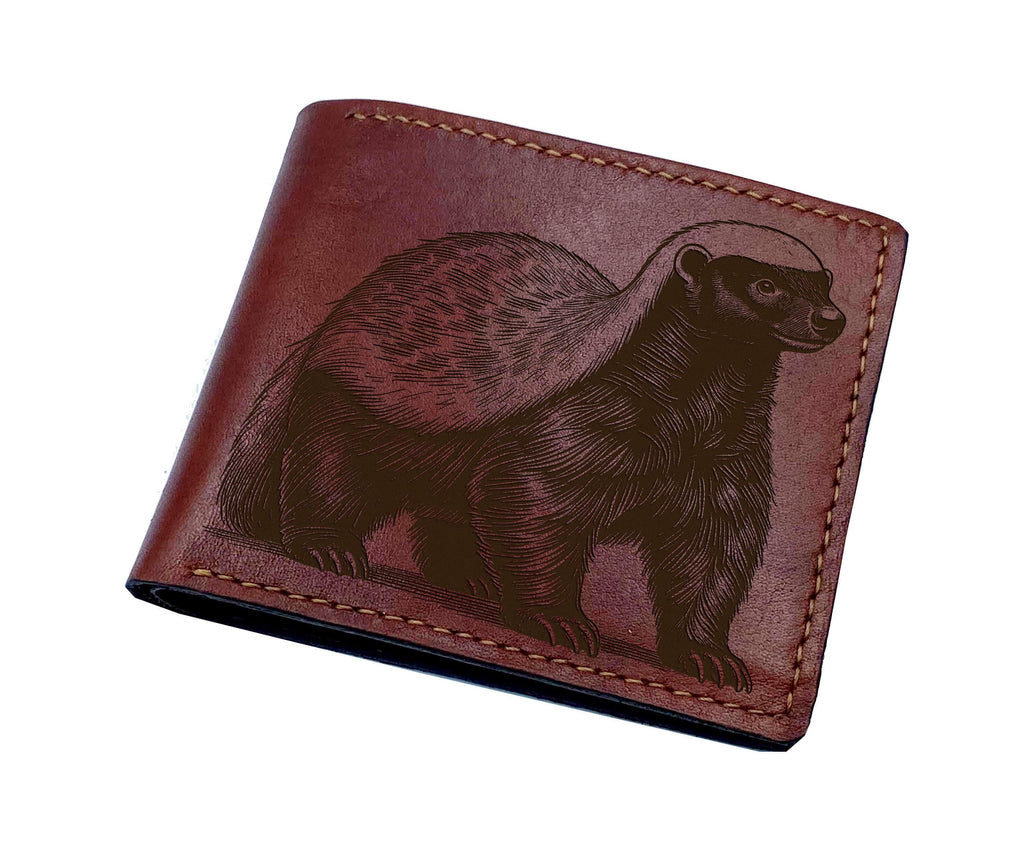 Engraved Honey Badger Leather Wallet - Custom Animal Anniversary Gift