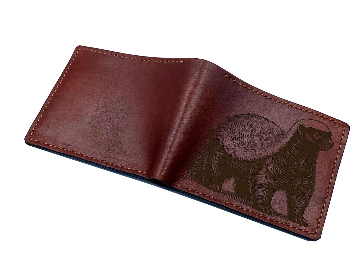 Engraved Honey Badger Leather Wallet - Custom Animal Anniversary Gift