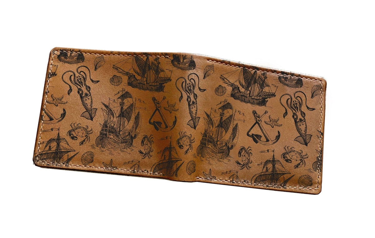 Leather Men's Wallet: Handmade Ocean Pattern, Sea Lover Gift