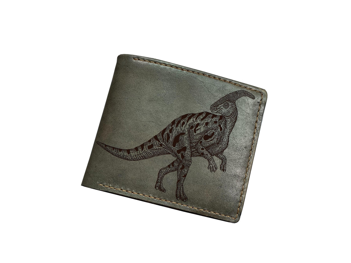 Parasaurolophus Leather Wallet, Handmade Dinosaur Gift