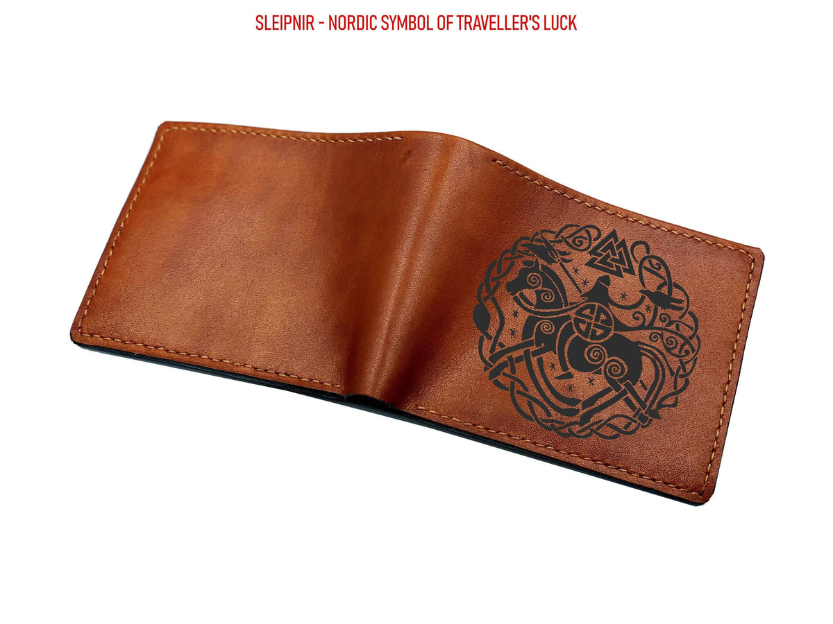 Custom Leather Bifold Wallet: Norse Viking Symbol Engraved