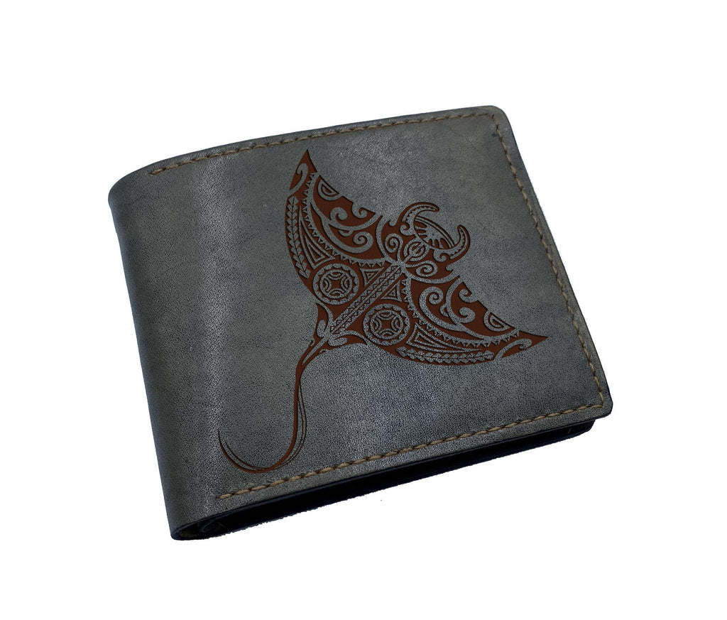 Stingray tattoo leather handmade wallet, personalized polynesian fish gift, ocean sea pattern wallet