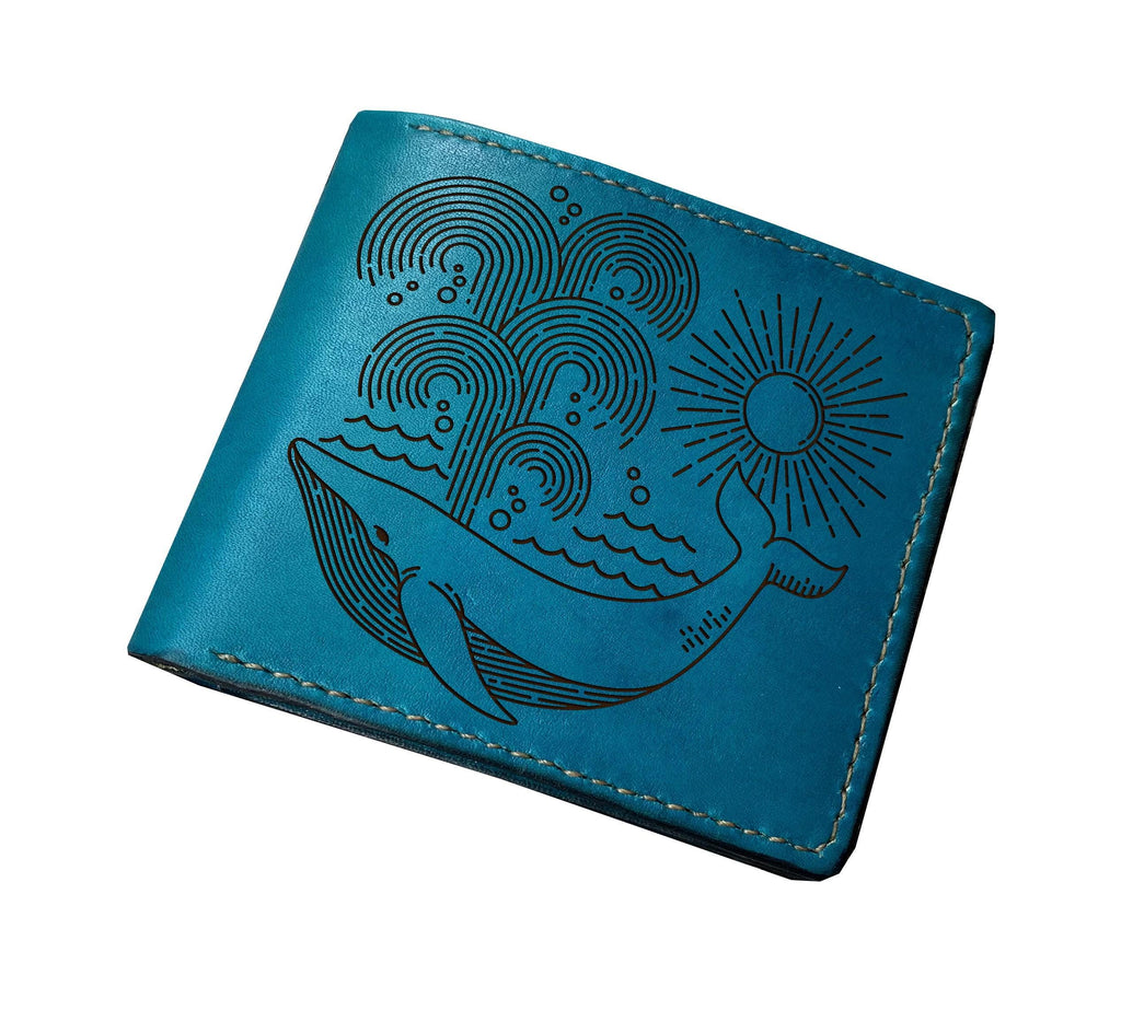 Handmade Vegetable-Tanned Leather Wallet, Whale Engraving, Ocean Lover Gift