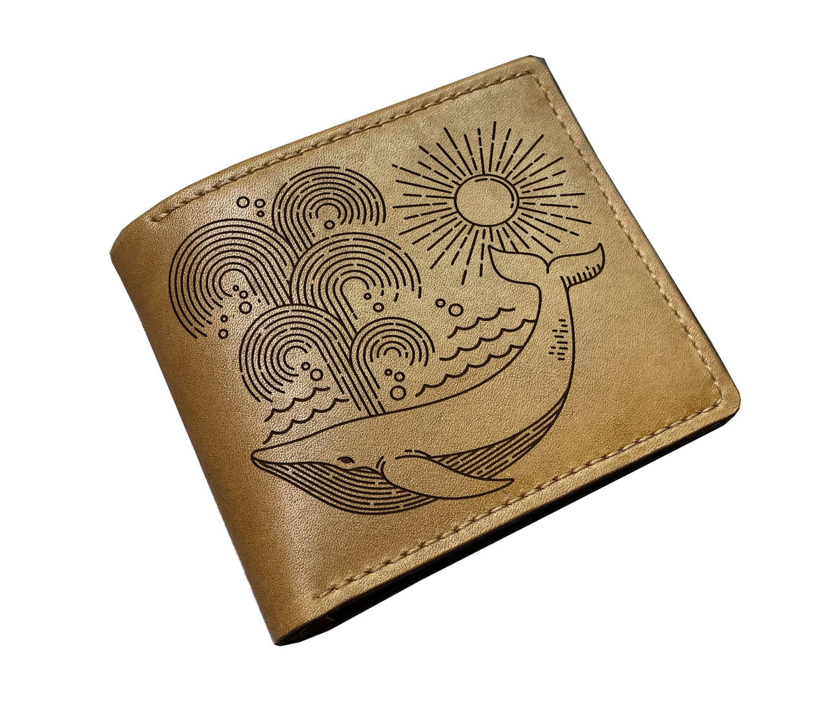 Handmade Vegetable-Tanned Leather Wallet, Whale Engraving, Ocean Lover Gift