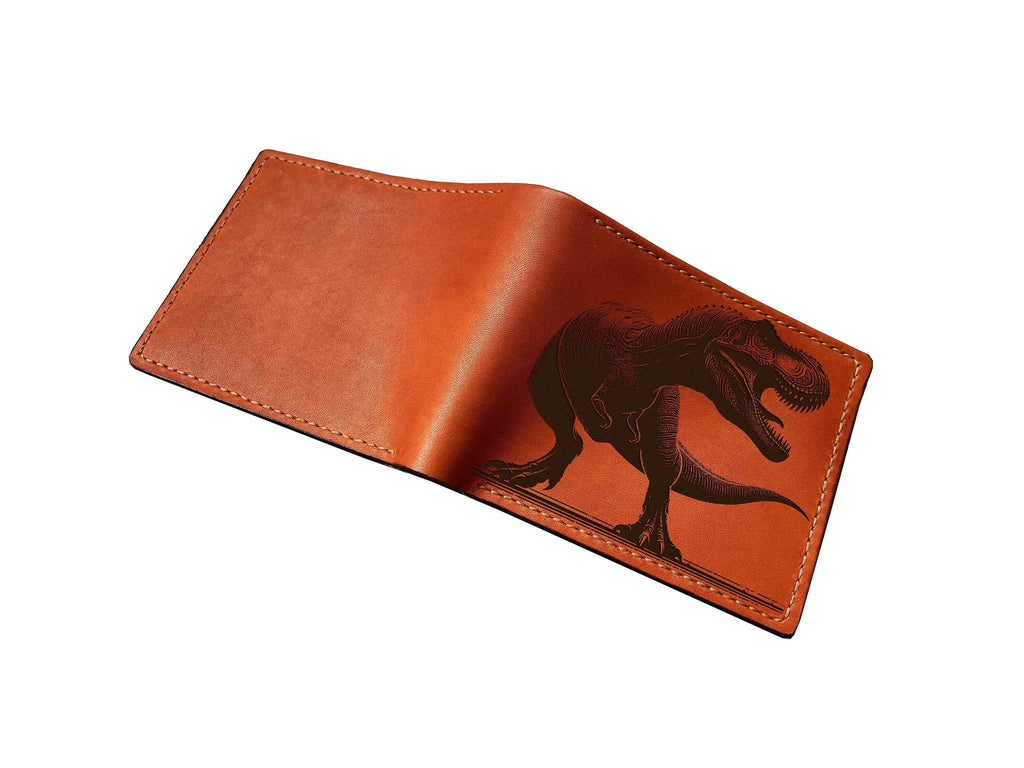 Engraved T-Rex Leather Wallet, Handmade Dinosaur Gift
